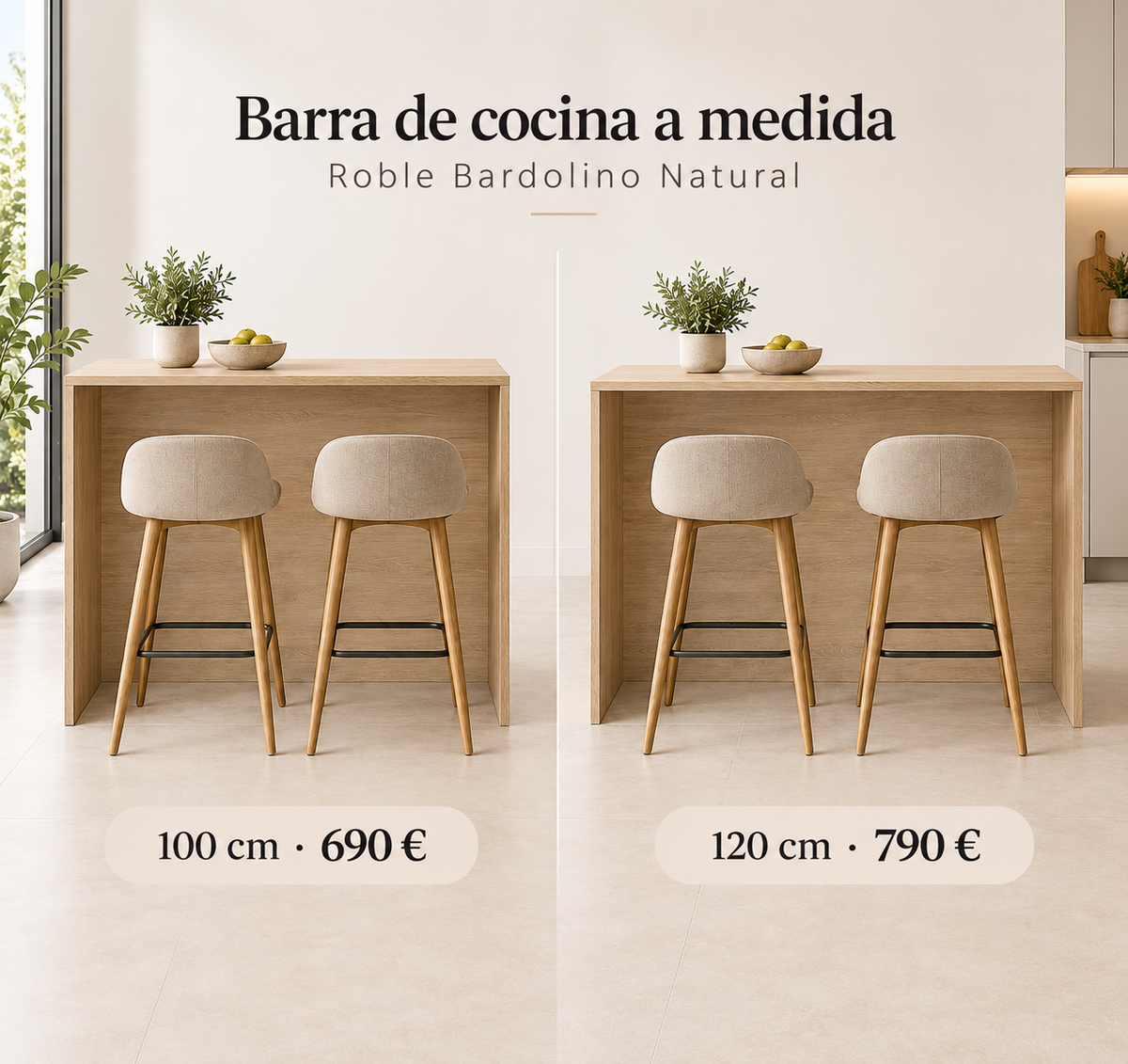 Barra de cocina a medida en Roble Bardolino Natural de 19 mm, medidas 100 cm y 120 cm