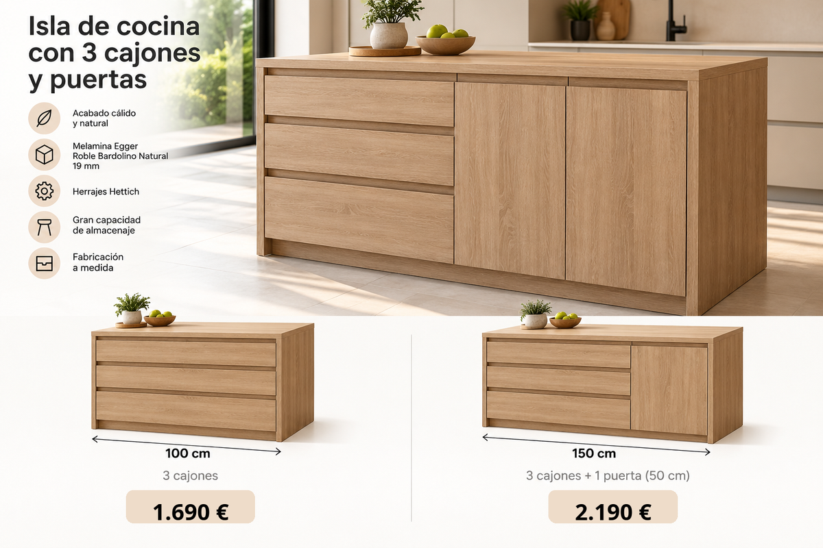 Isla de cocina a medida en Roble Bardolino Natural, 100 cm con 3 cajones y 150 cm con 3 cajones y 1 puerta de 50 cm