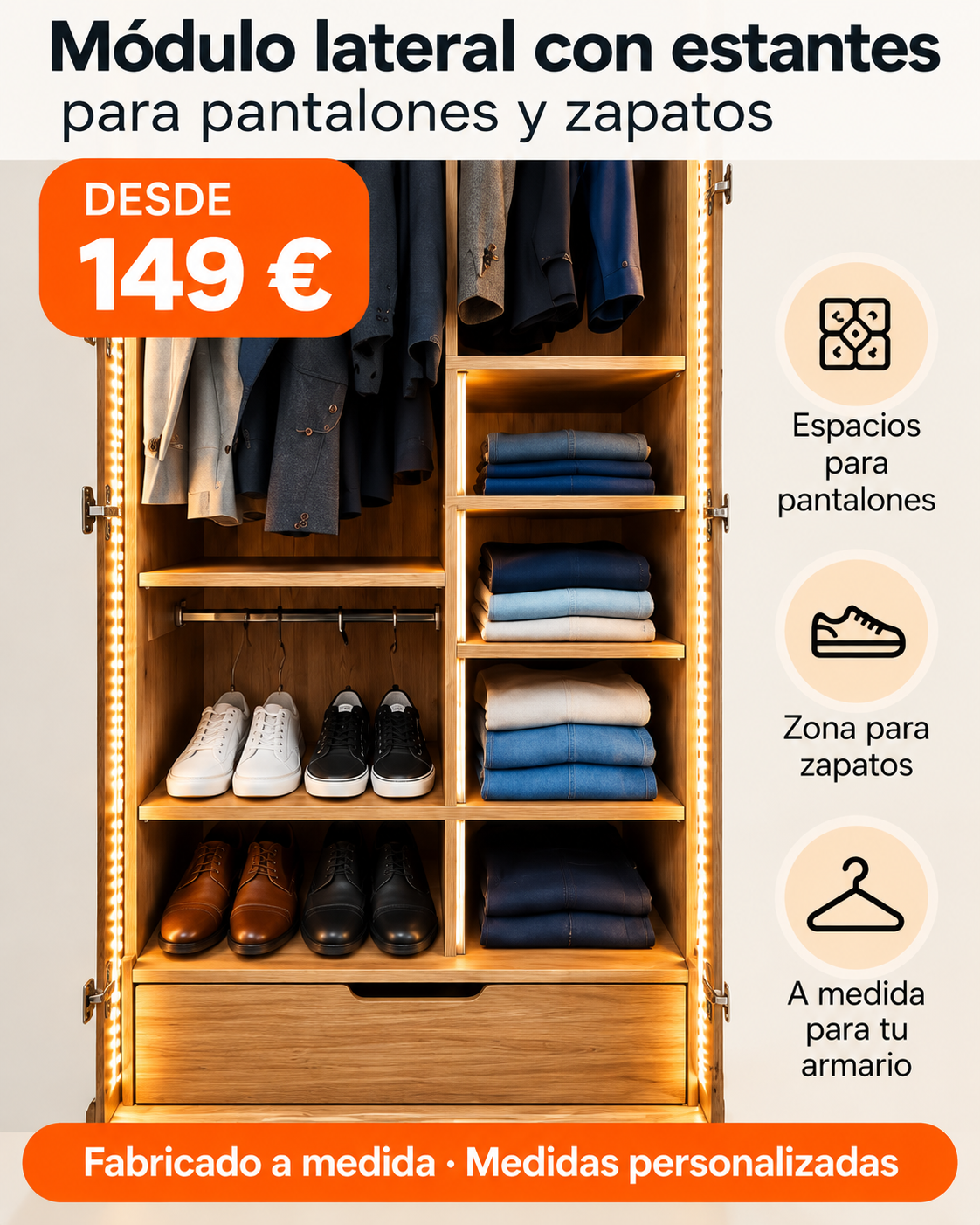 Módulo lateral con estantes a medida para pantalones y zapatos