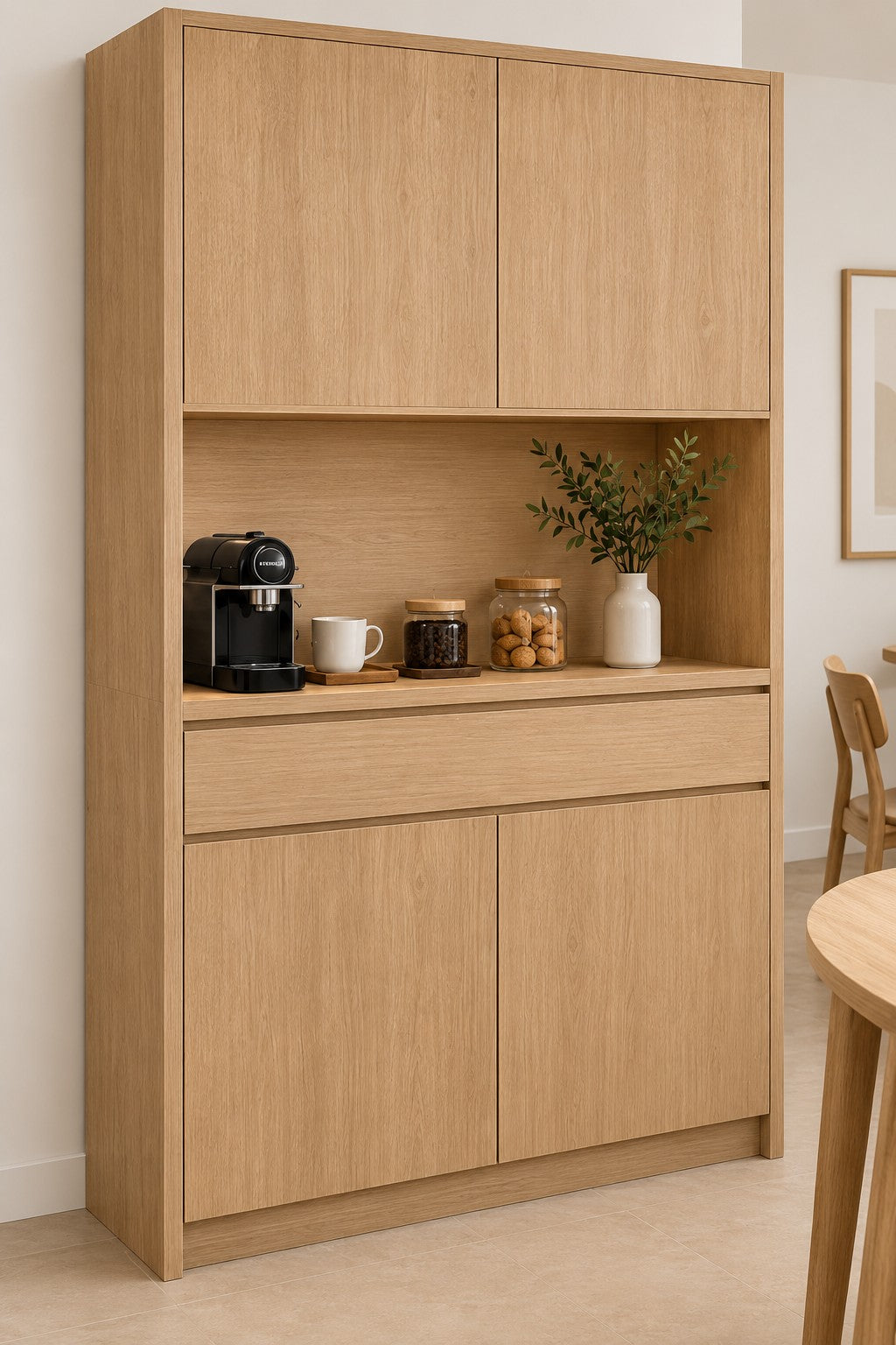Mueble desayunador a medida en Roble Bardolino Natural con armario superior de 2 puertas, zona abierta para café, 1 cajón y 2 puertas inferiores