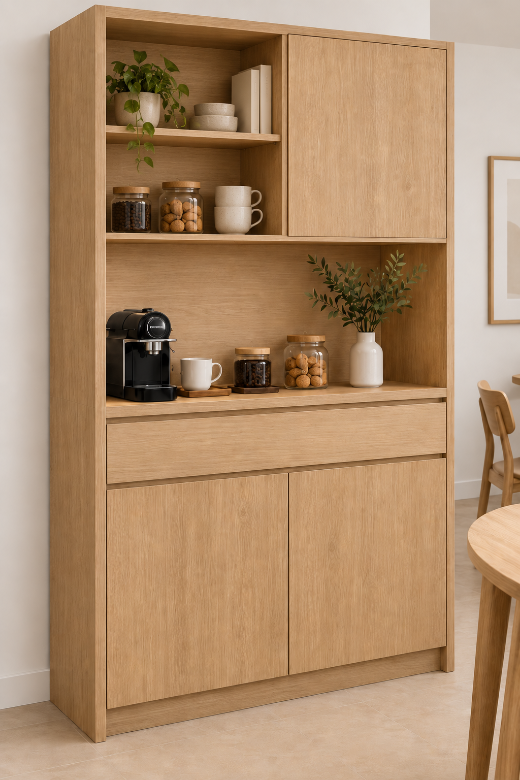 Mueble desayunador a medida en Roble Bardolino Natural con estante superior, una puerta, zona de café, 1 cajón y 2 puertas inferiores