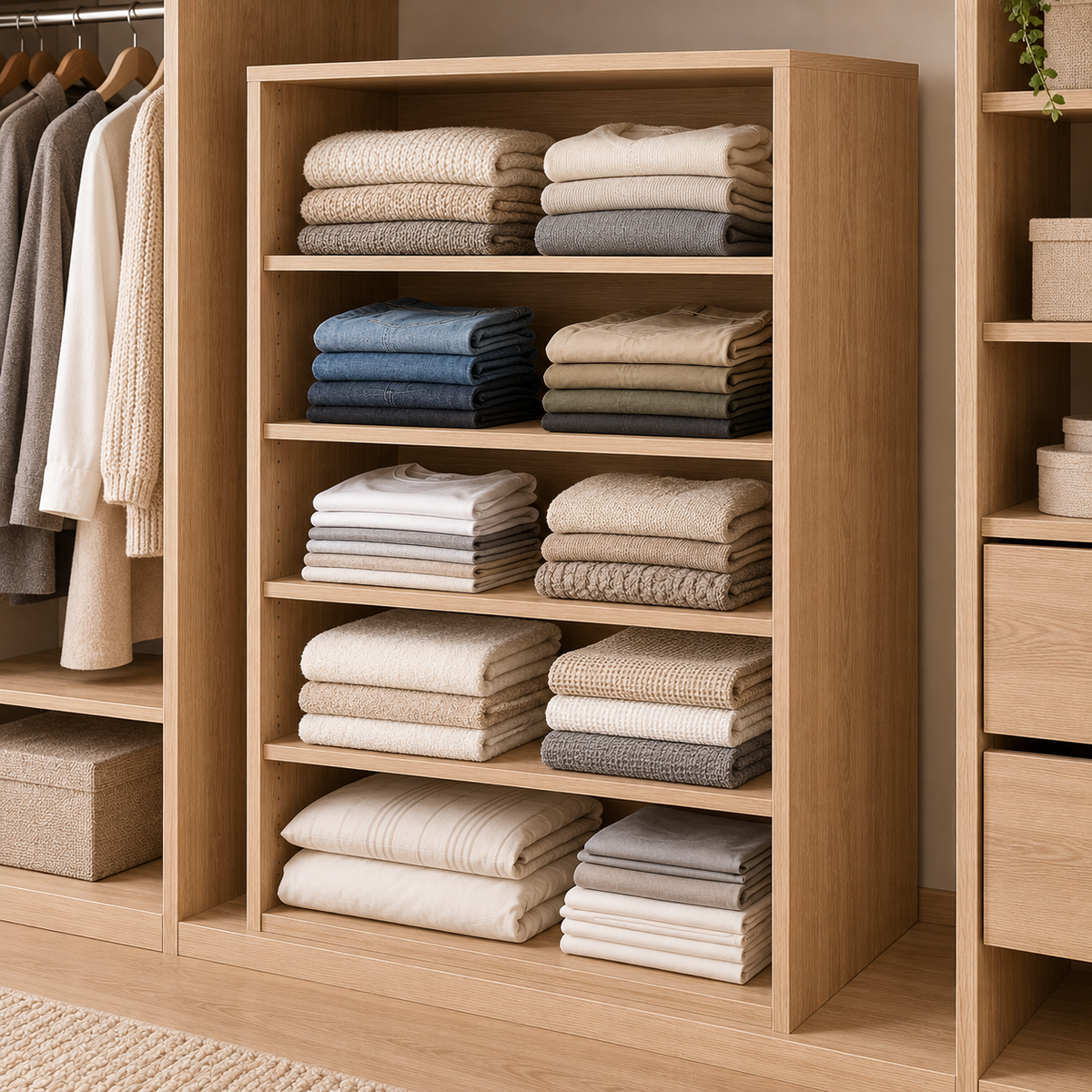 Organizador interior de armario configurable para ropa doblada en Roble Bardolino Natural