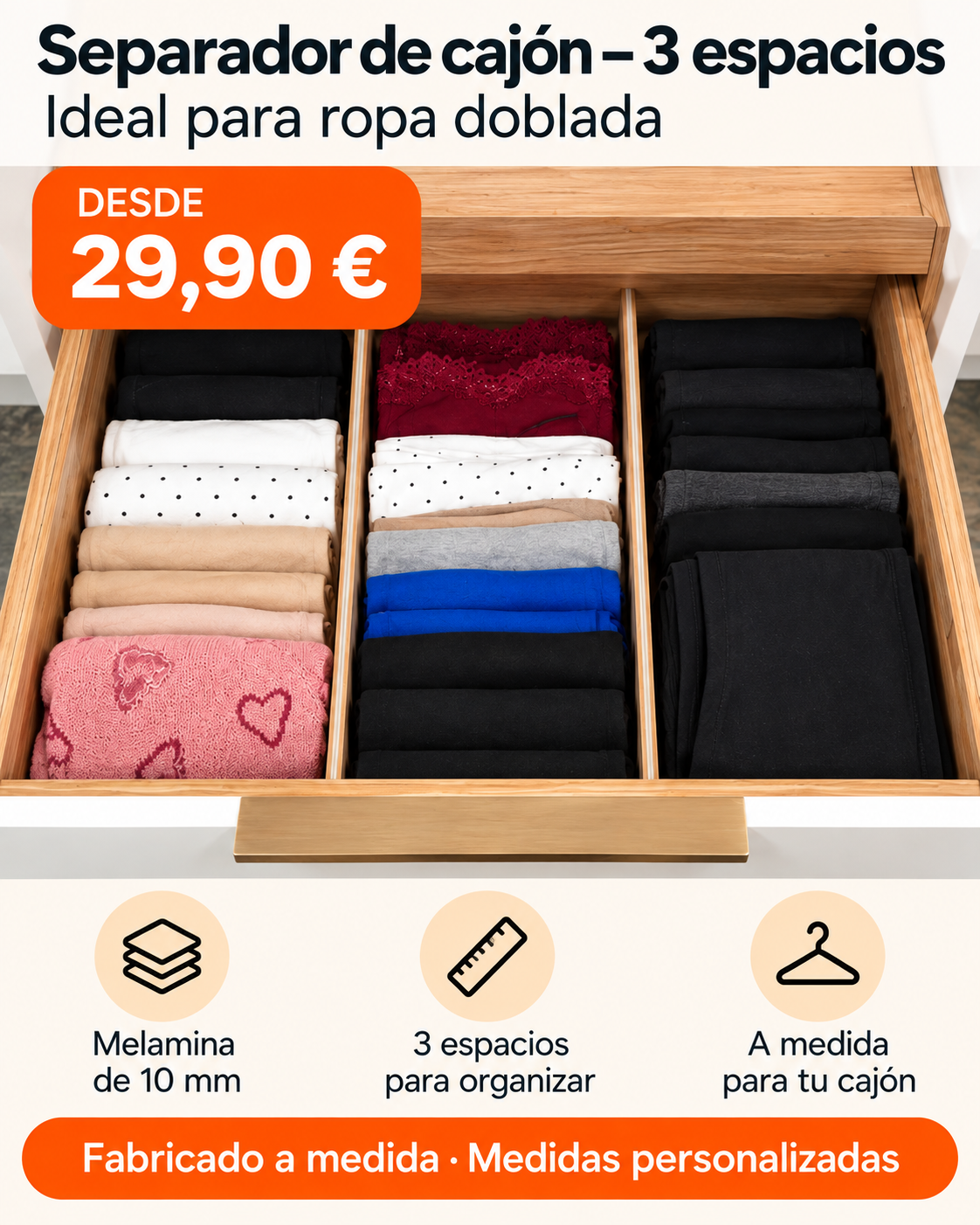 Separador de cajón con tres espacios fabricado a medida