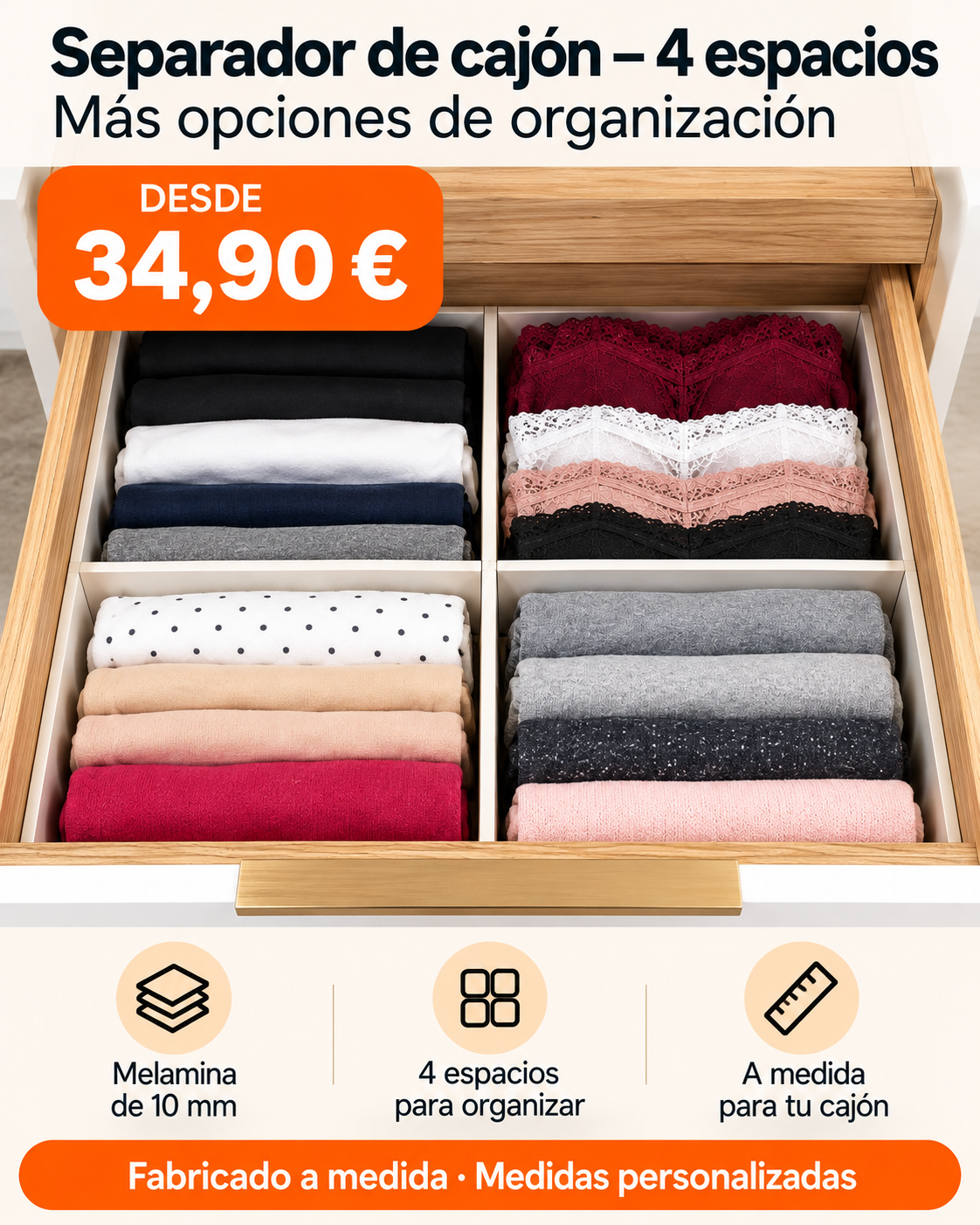Separador de cajón con cuatro espacios en melamina de 10 mm