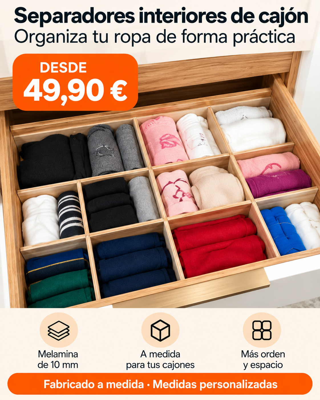Separadores interiores de cajón en melamina de 10 mm a medida