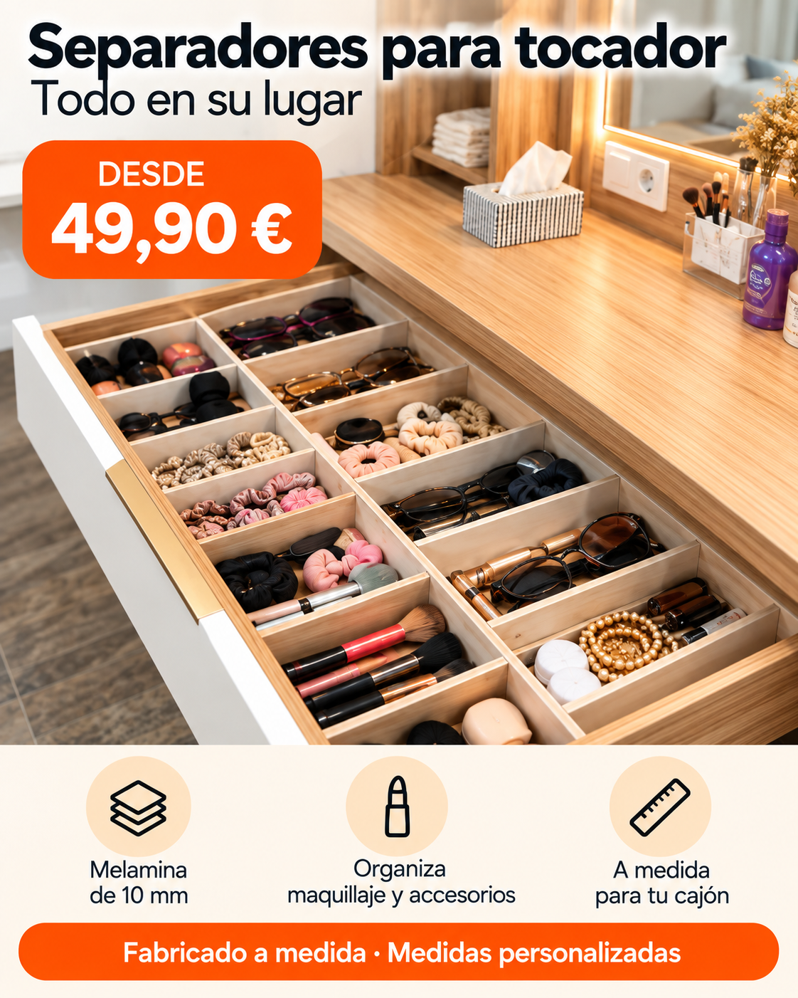 Separadores para cajón de tocador a medida para maquillaje y accesorios