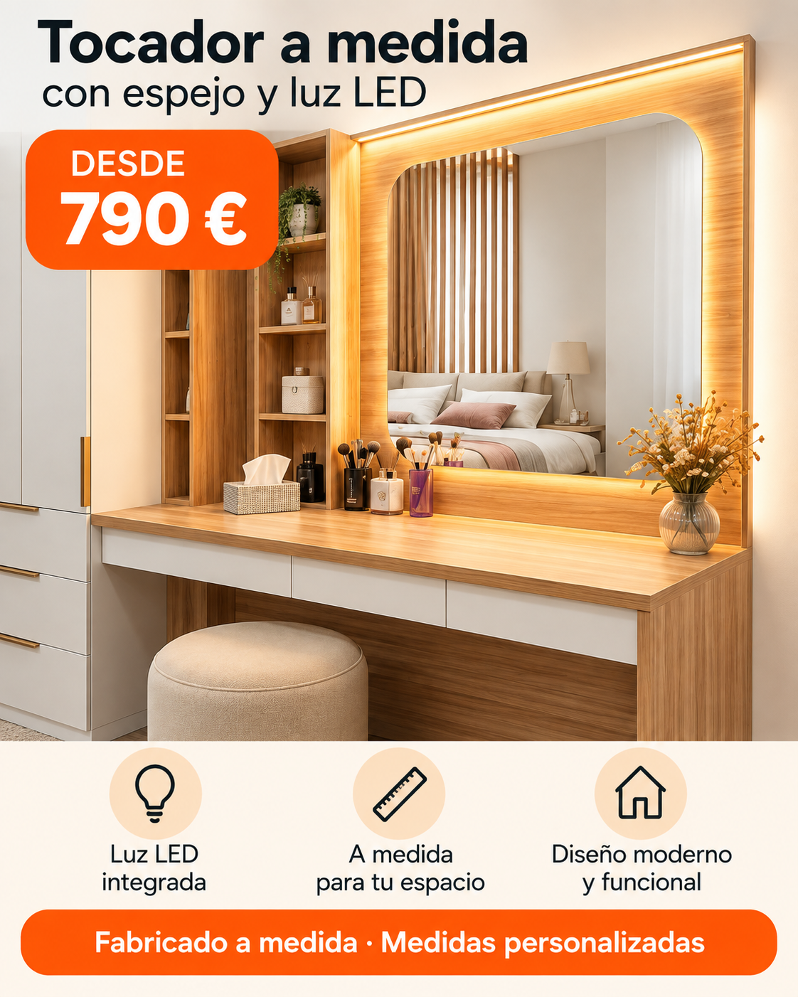 Tocador a medida con espejo grande y luz LED integrada