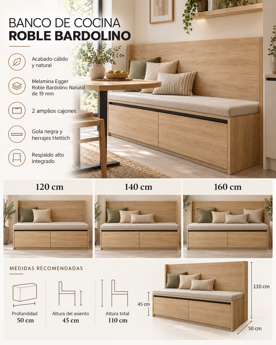 Banco de cocina en Egger Roble Bardolino Natural con 2 cajones, gola negra, herrajes Hettich y medidas 120, 140 y 160 cm