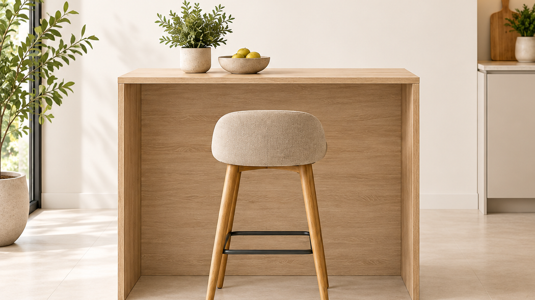 Barra de cocina de madera con superficie despejada y espacio para taburete