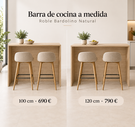 Barra de cocina a medida en Roble Bardolino Natural de 19 mm, medidas 100 cm y 120 cm