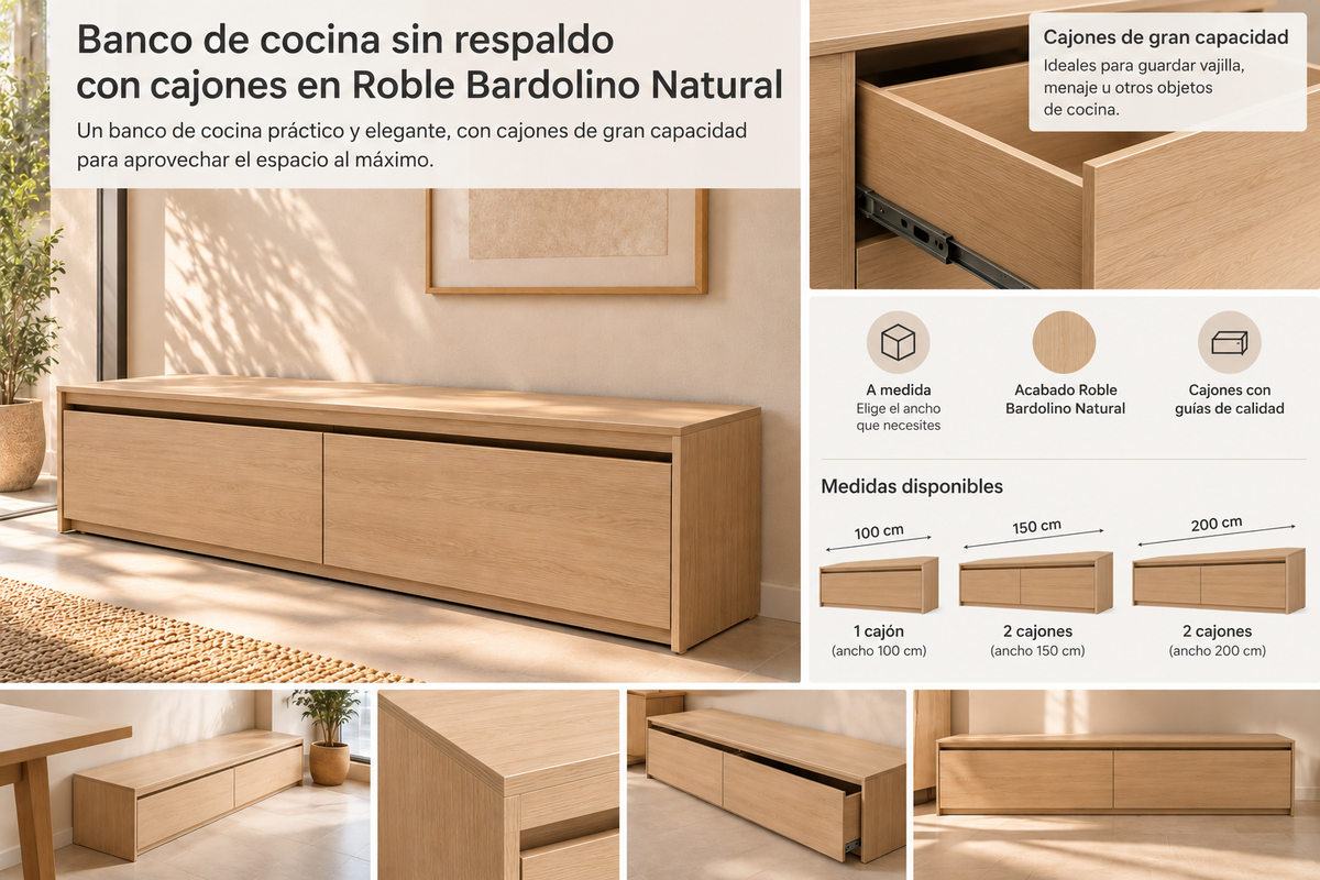 Modelos de banco de cocina sin respaldo: 100 cm 1 cajón, 150 cm 2 cajones, 200 cm 2 cajones; sin cojín