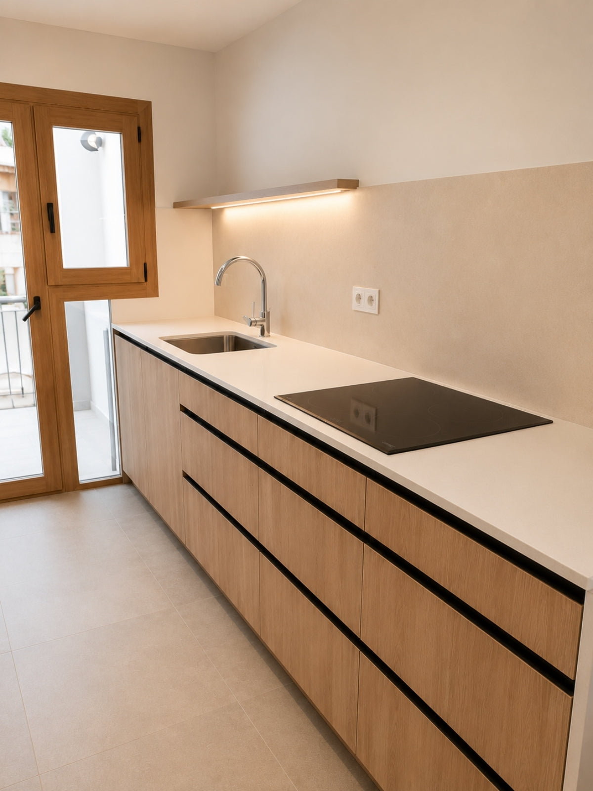 Cocina de madera a medida con placa de cocción y cajones en Sabadell