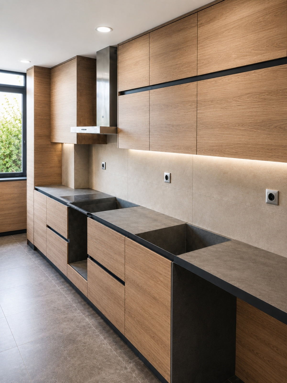Cocina de madera lineal a medida con detalles negros en Vilassar de Mar