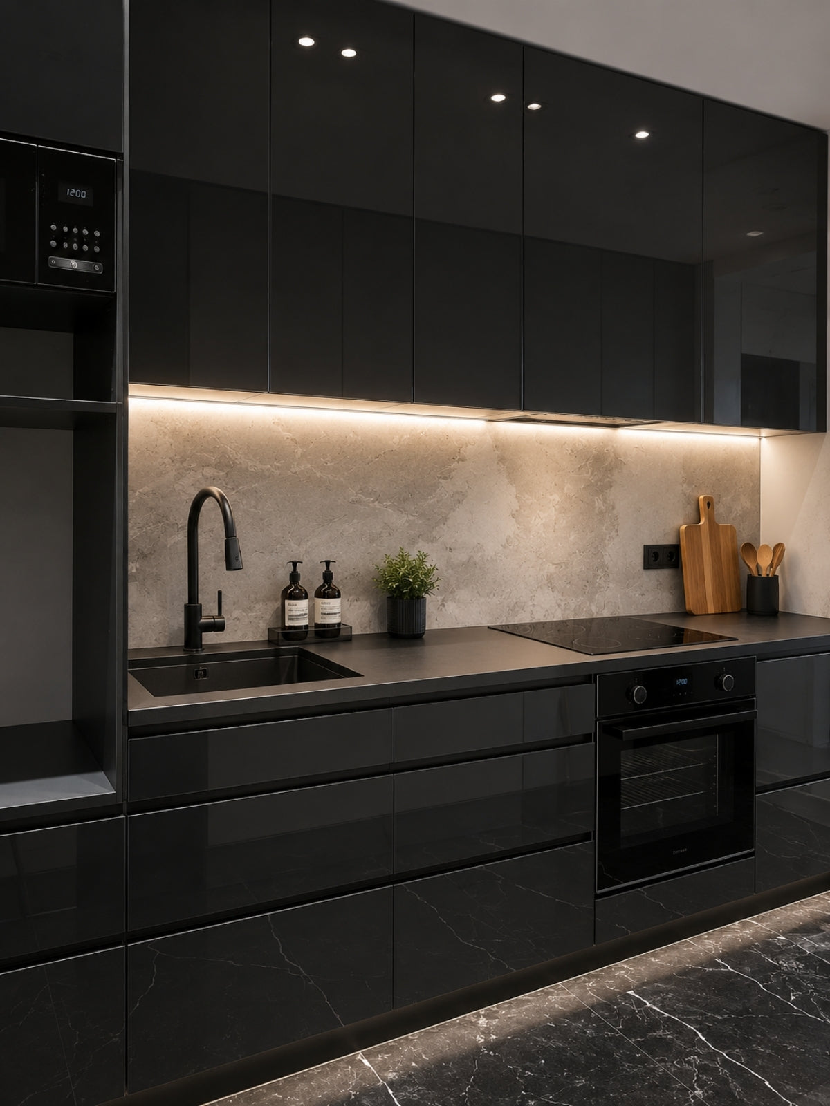 Cocina negra a medida con iluminación LED y encimera oscura en Vilassar de Mar