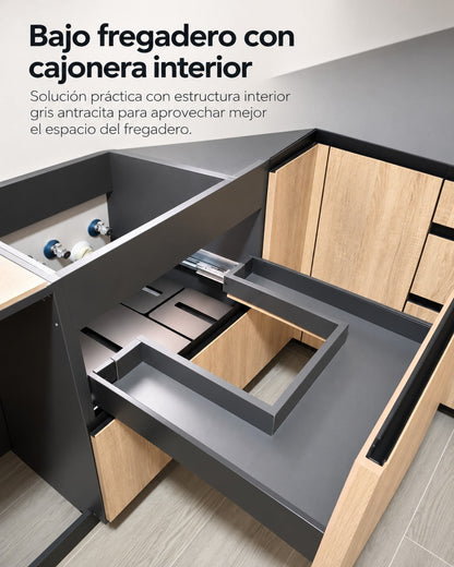 Mueble bajo fregadero con dos frentes extraíbles y cajonera interior gris antracita, adaptada a las instalaciones.