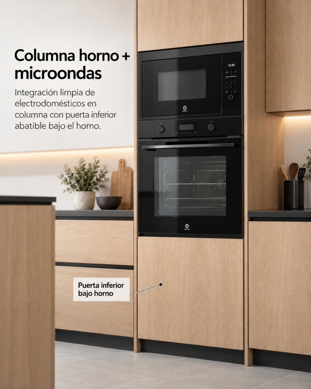 Columna preparada para horno y microondas, con puerta inferior bajo horno y zócalo negro; electrodomésticos ilustrativos no incluidos.