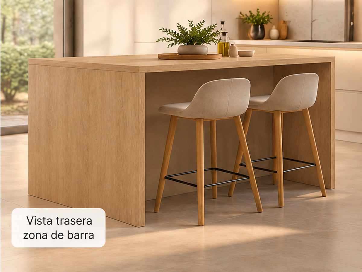 Vista trasera y barra para dos taburetes de isla de cocina Roble Bardolino Natural con encimera de 19 mm a juego