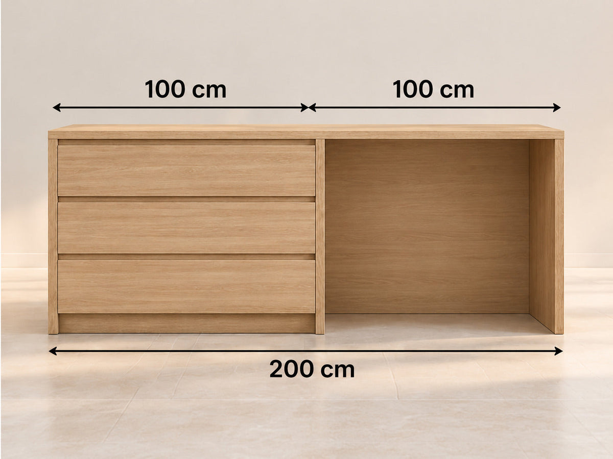 Distribución de isla de cocina Roble Bardolino Natural, 100 cm de módulo de tres cajones, 100 cm de barra y largo total 200 cm