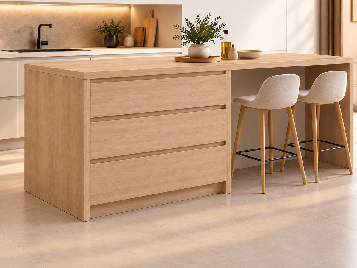 Isla de cocina de 200 cm en Roble Bardolino Natural con 3 cajones completos y barra lateral de 100 cm, encimera Bardolino a juego