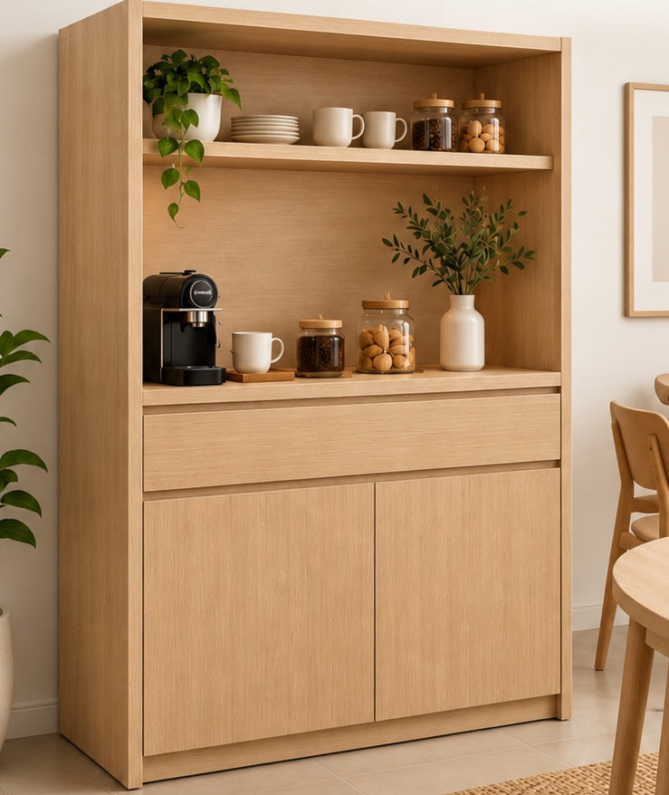 Mueble desayunador Bardolino con un único cajón completo, dos puertas y zona de café abierta