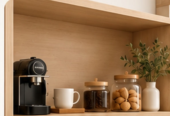 Estante superior y zona central para cafetera del mueble desayunador Bardolino