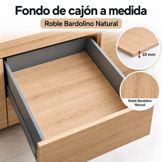 Fondo de cajón a medida de 10 mm en EGGER Roble Bardolino Natural para renovar el interior sin desmontar