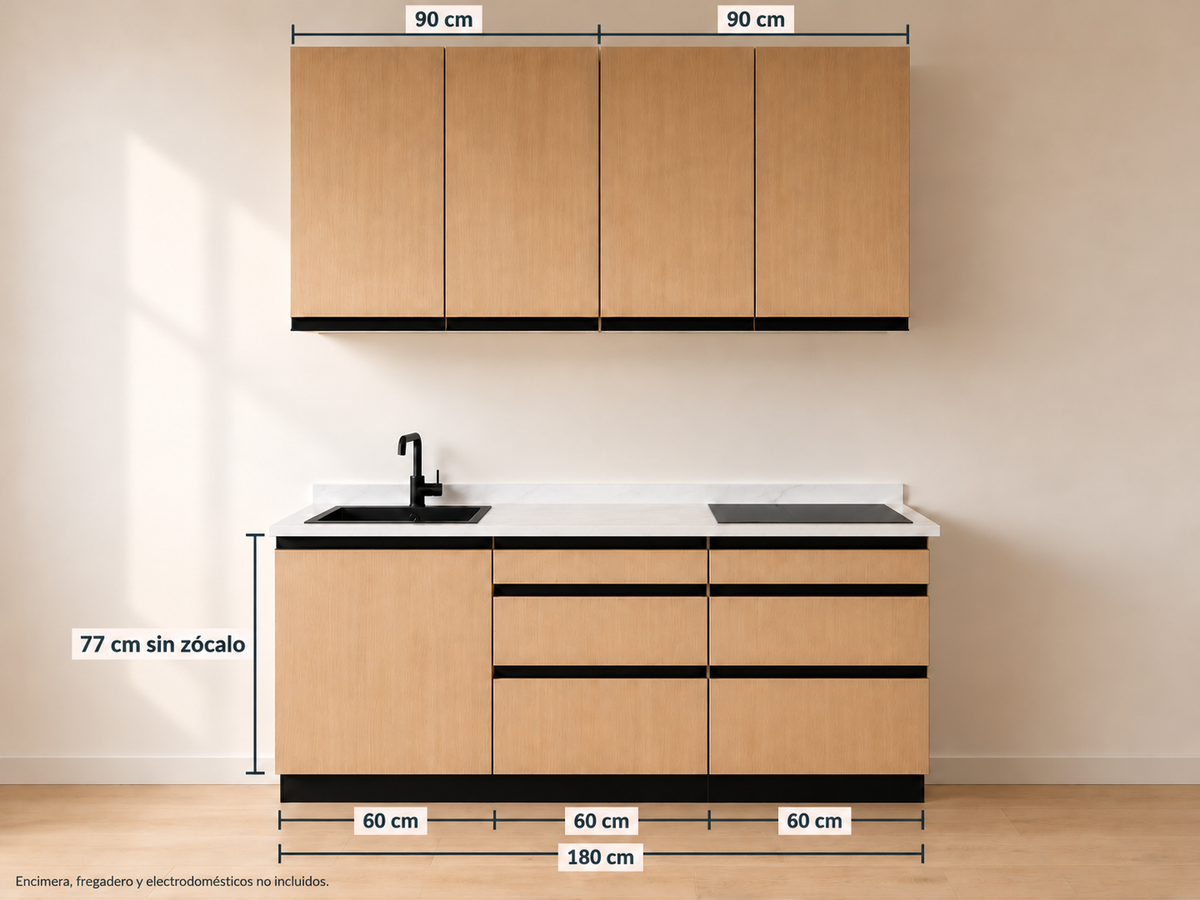 Kit Cocina 180 cm Completa – Equilibrio: módulos bajos 60 + 60 + 60 cm y altos 90 + 90 cm, composición con medidas.
