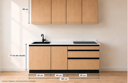 Kit de cocina 180 cm Completa Esencial: bajo 60 + 40 + 80 cm, mueble alto de 88 cm, bajo de 77 cm sin zócalo y muebles superiores sin tirador negro.