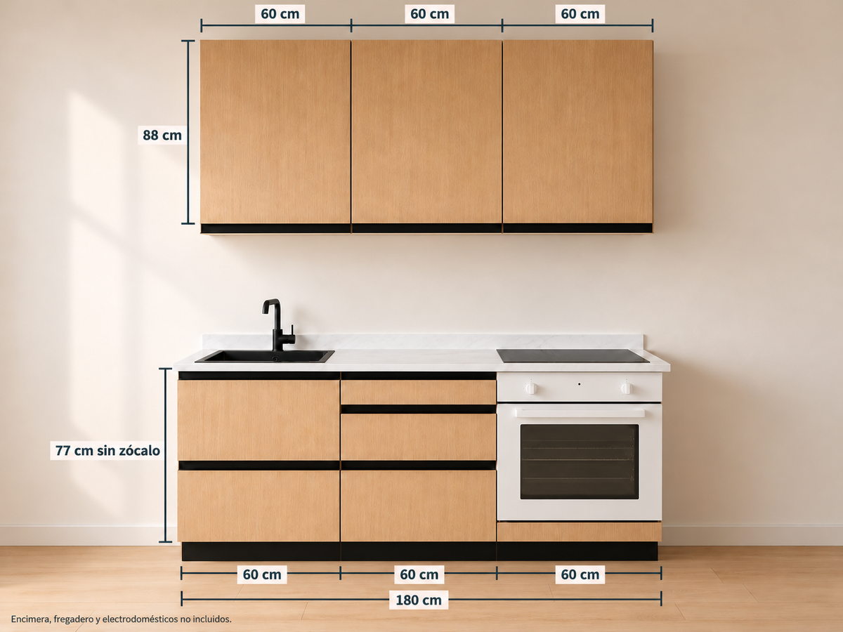 Kit Cocina 180 cm Gran Almacenaje – Equilibrio: módulos bajos 60 + 60 + 60 cm y altos 60 + 60 + 60 cm, composición con medidas.