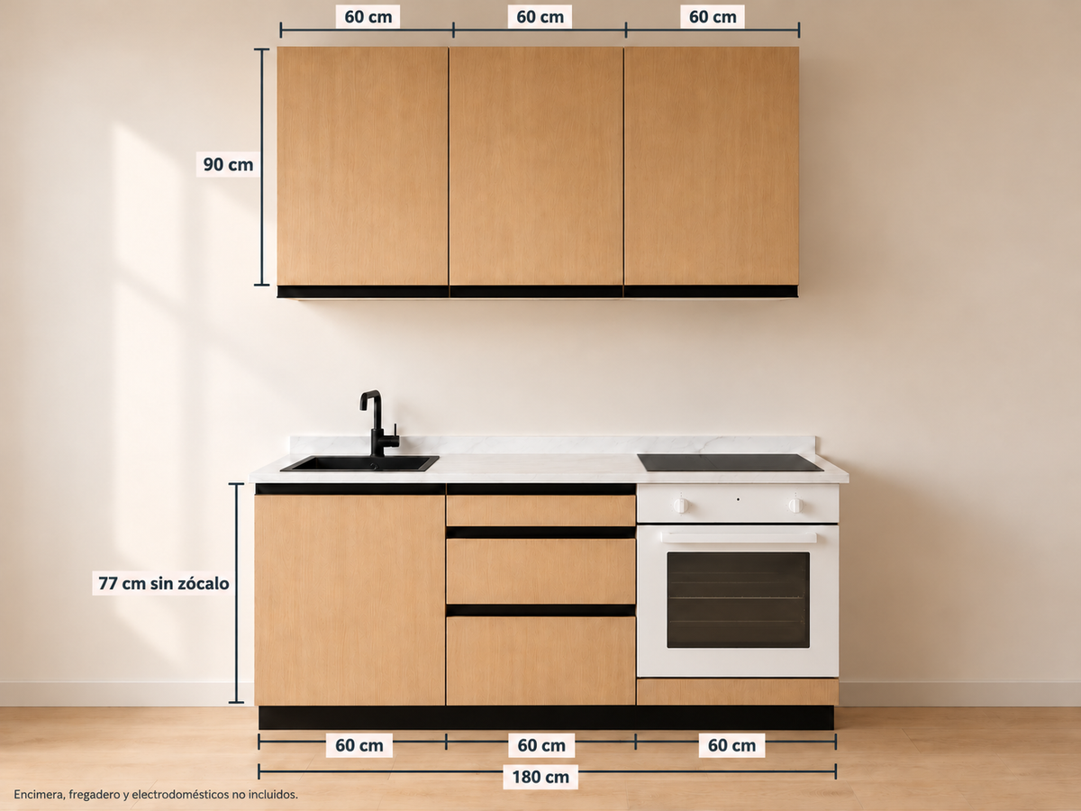 Kit Cocina 180 cm Gran Almacenaje – Esencial: módulos bajos 60 + 60 + 60 cm y altos 60 + 60 + 60 cm, composición con medidas.
