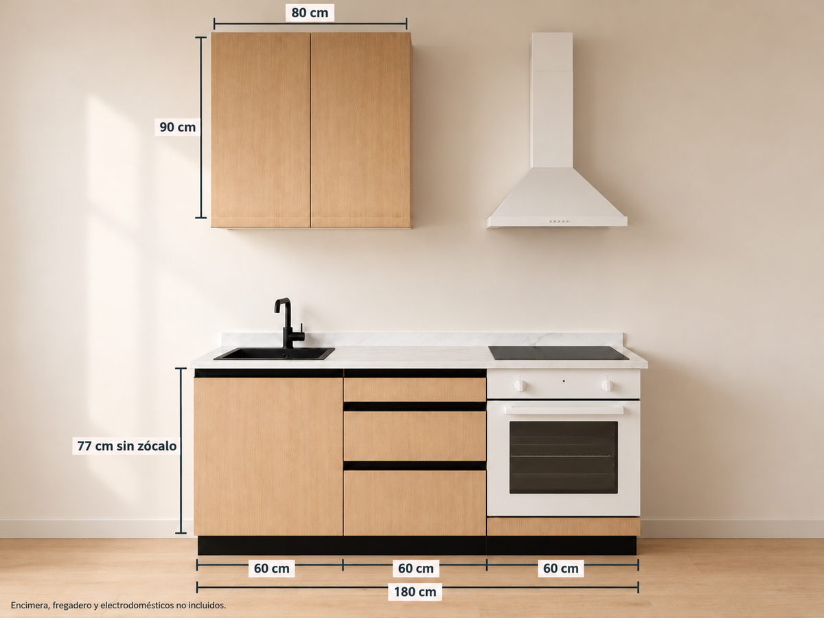 Kit Cocina 180 cm para Horno Bajo – Esencial: plano con medidas originales, altos lisos sin tirador y bajos con uñero negro.