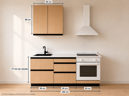 Kit Cocina 180 cm para Horno Bajo – Equilibrio: módulos bajos 60 + 60 + 60 cm y altos 80 cm, composición con medidas.
