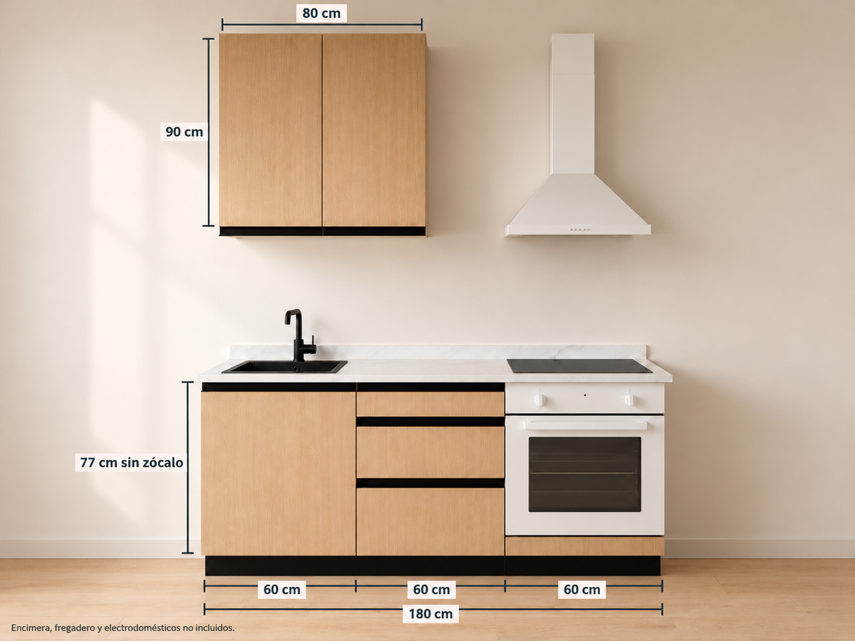 Kit Cocina 180 cm para Horno Bajo – Esencial: módulos bajos 60 + 60 + 60 cm y altos 80 cm, composición con medidas.