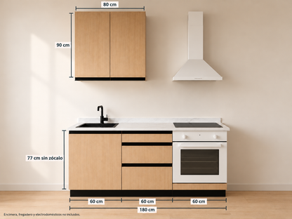 Kit Cocina 180 cm para Horno Bajo – Esencial: módulos bajos 60 + 60 + 60 cm y altos 80 cm, composición con medidas.