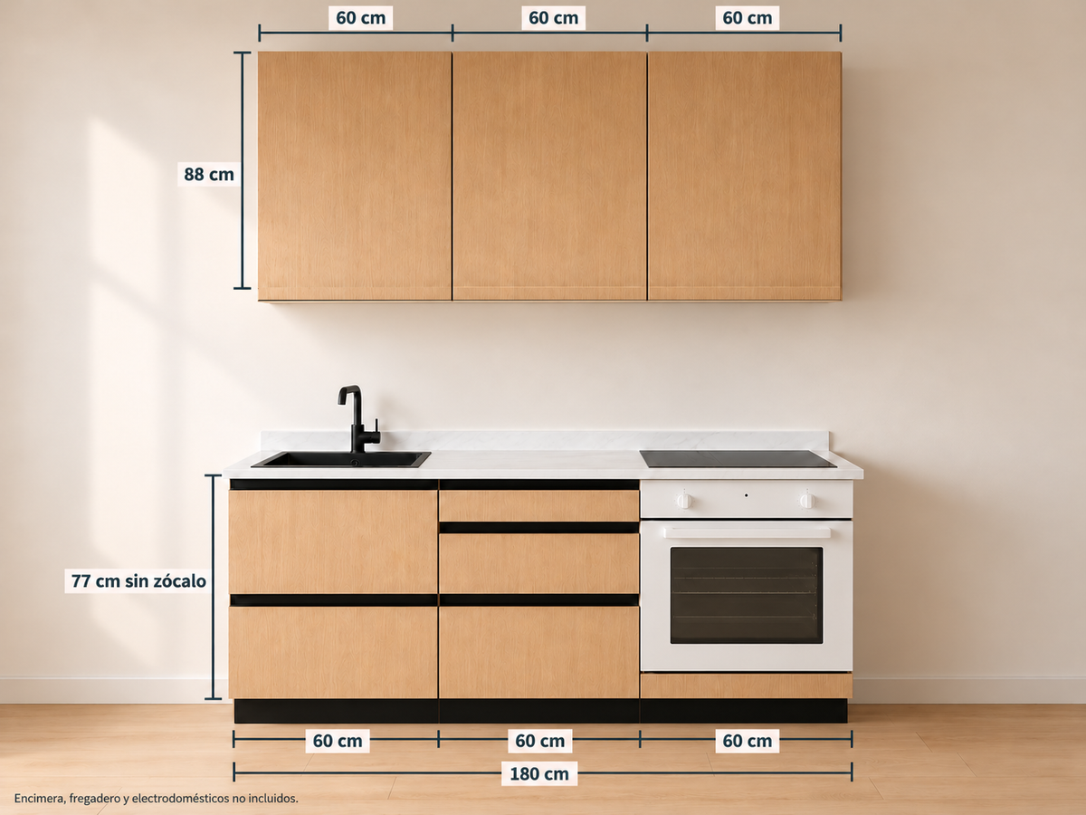 Kit Cocina 180 cm Gran Almacenaje – Equilibrio: composición y medidas originales, muebles altos lisos sin tirador y muebles bajos con uñero negro.