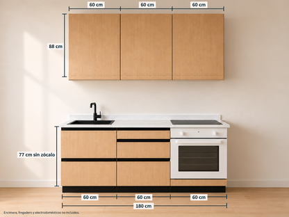 Kit Cocina 180 cm Gran Almacenaje – Equilibrio: composición y medidas originales, muebles altos lisos sin tirador y muebles bajos con uñero negro.