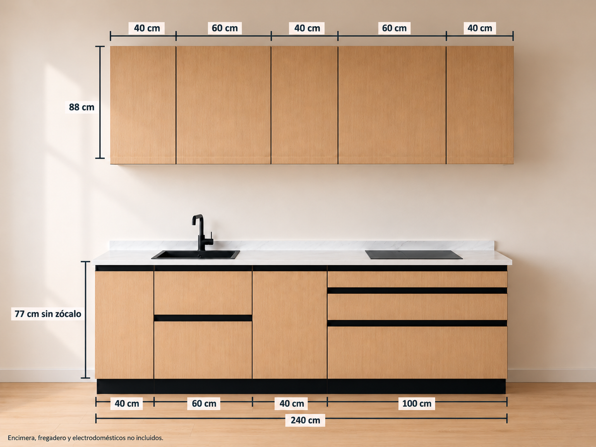 Kit Cocina 240 cm Completa – Equilibrio: composición y medidas originales, muebles altos lisos sin tirador y muebles bajos con uñero negro.