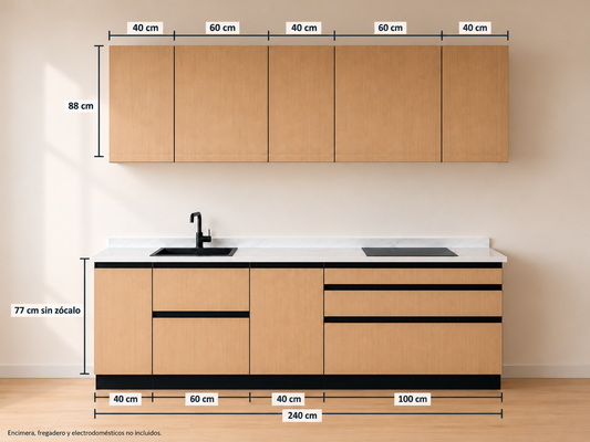 Kit Cocina 240 cm Completa – Equilibrio: composición y medidas originales, muebles altos lisos sin tirador y muebles bajos con uñero negro.