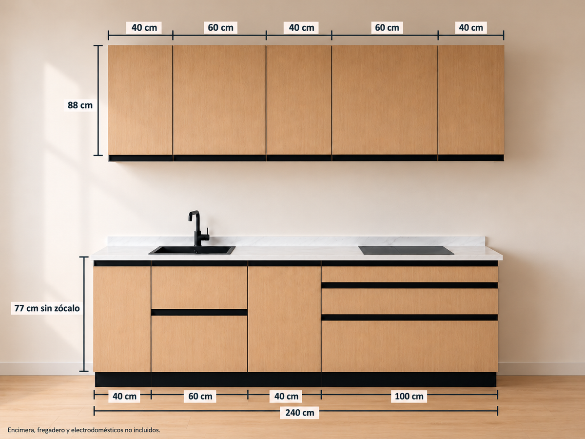 Kit Cocina 240 cm Completa – Equilibrio: módulos bajos 40 + 60 + 40 + 100 cm y altos 40 + 60 + 40 + 60 + 40 cm, composición con medidas.