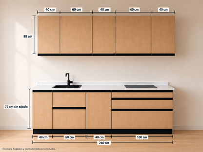 Kit Cocina 240 cm Completa – Equilibrio: módulos bajos 40 + 60 + 40 + 100 cm y altos 40 + 60 + 40 + 60 + 40 cm, composición con medidas.