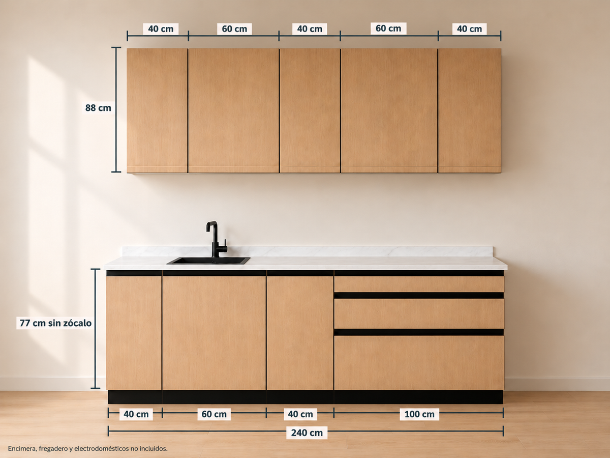 Kit Cocina 240 cm Completa – Esencial: composición y medidas originales, muebles altos lisos sin tirador y muebles bajos con uñero negro.