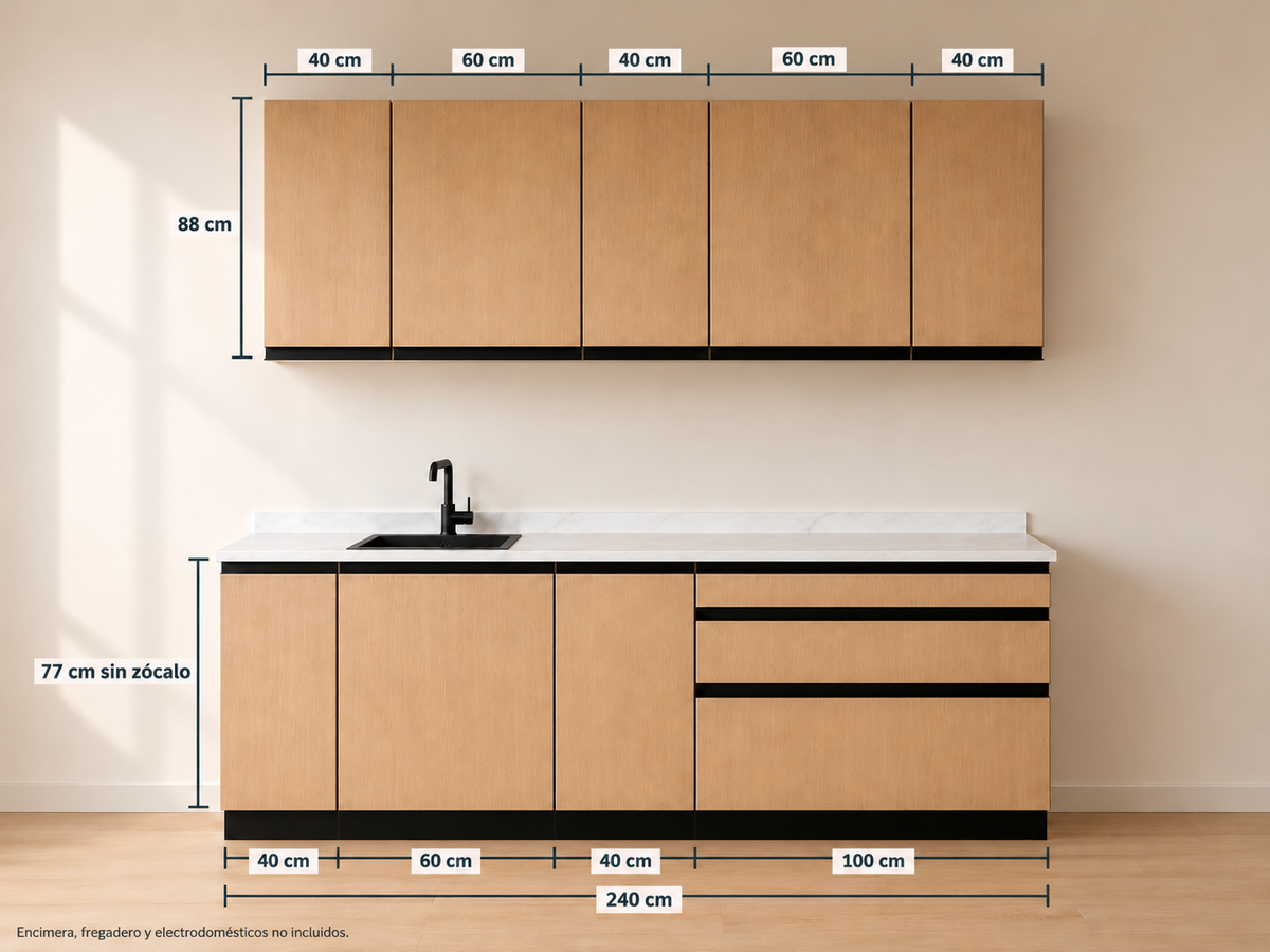 Kit Cocina 240 cm Completa – Esencial: módulos bajos 40 + 60 + 40 + 100 cm y altos 40 + 60 + 40 + 60 + 40 cm, composición con medidas.