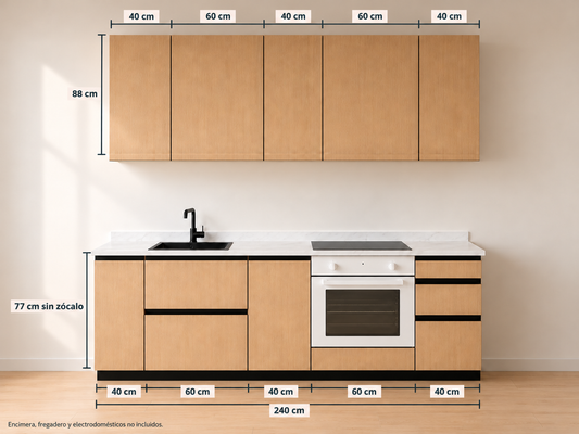Kit Cocina 240 cm Gran Almacenaje – Equilibrio: composición y medidas originales, muebles altos lisos sin tirador y muebles bajos con uñero negro.