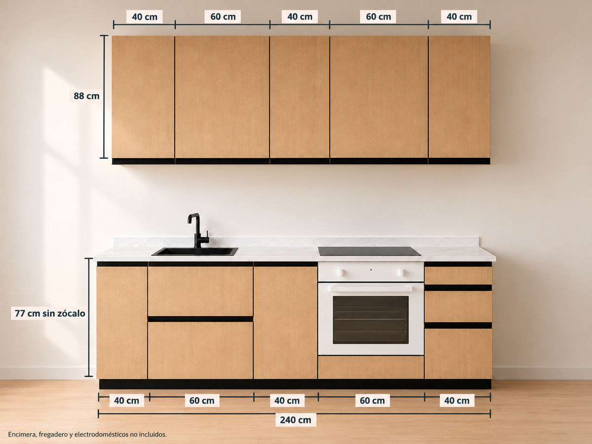 Kit Cocina 240 cm Gran Almacenaje – Equilibrio: módulos bajos 40 + 60 + 40 + 60 + 40 cm y altos 40 + 60 + 40 + 60 + 40 cm, composición con medidas.