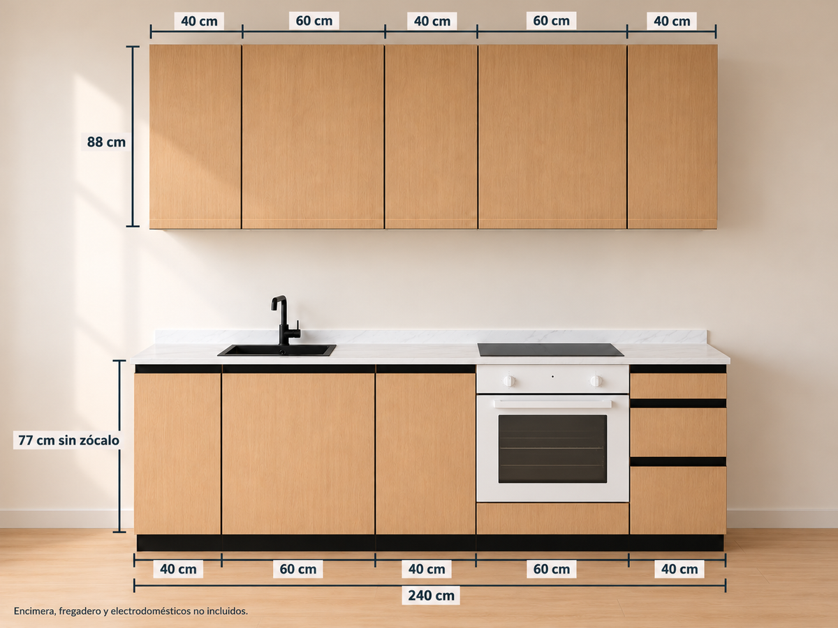 Kit Cocina 240 cm Gran Almacenaje – Esencial: composición y medidas originales, muebles altos lisos sin tirador y muebles bajos con uñero negro.