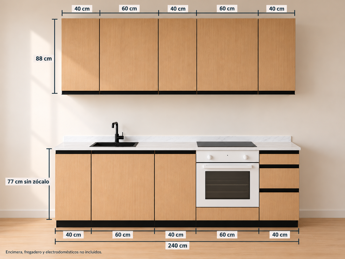 Kit Cocina 240 cm Gran Almacenaje – Esencial: módulos bajos 40 + 60 + 40 + 60 + 40 cm y altos 40 + 60 + 40 + 60 + 40 cm, composición con medidas.