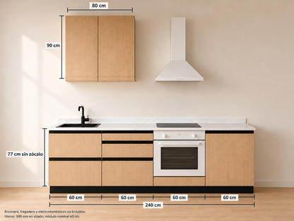 Kit Cocina 240 cm para Horno Bajo – Equilibrio: composición y medidas originales, muebles altos lisos sin tirador y muebles bajos con uñero negro.