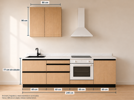 Kit Cocina 240 cm para Horno Bajo – Equilibrio: composición y medidas originales, muebles altos lisos sin tirador y muebles bajos con uñero negro.