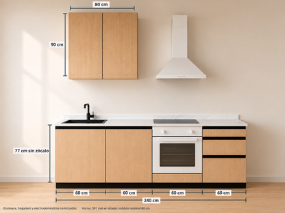 Kit Cocina 240 cm para Horno Bajo – Esencial: composición y medidas originales, muebles altos lisos sin tirador y muebles bajos con uñero negro.