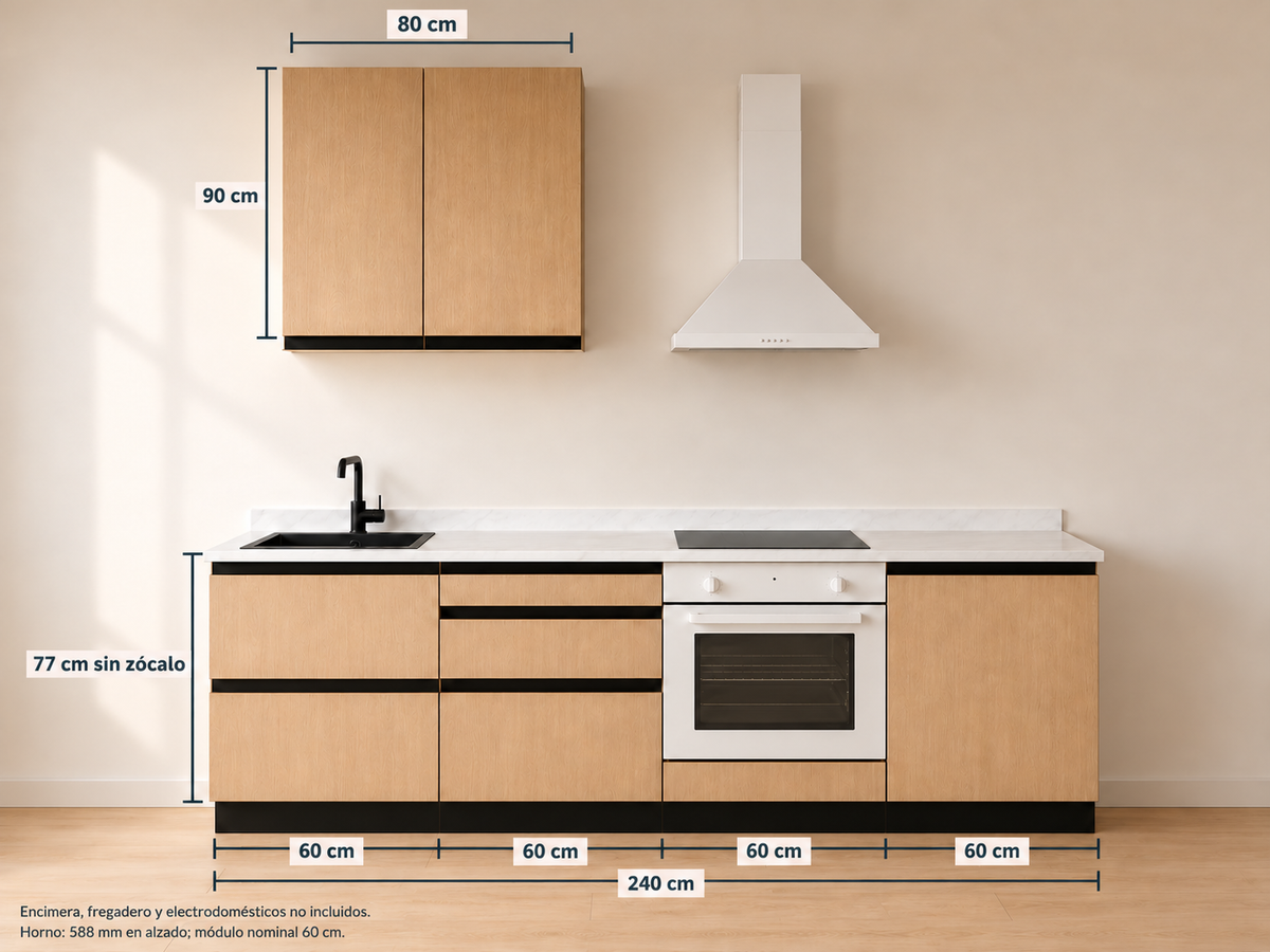 Kit Cocina 240 cm para Horno Bajo – Equilibrio: módulos bajos 60 + 60 + 60 + 60 cm y altos 80 cm, composición con medidas.